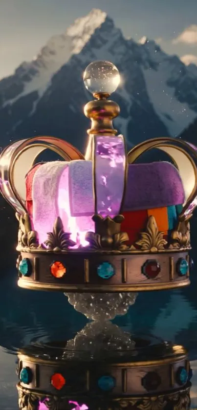 Majestic crown floating on tranquil lake with mountain backdrop.