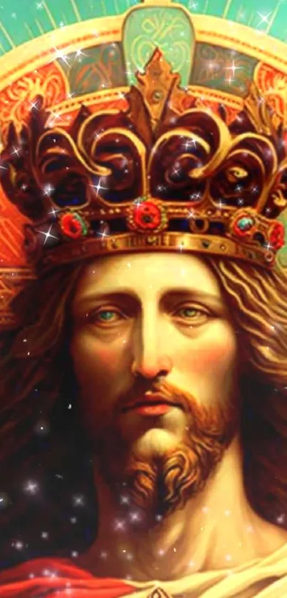 Portrait of a majestic figure with a golden crown on a colorful background.