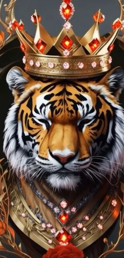 Majestic tiger with crown in ornate design wallpaper.