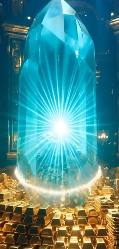 Giant blue crystal with gold bars, radiating light.