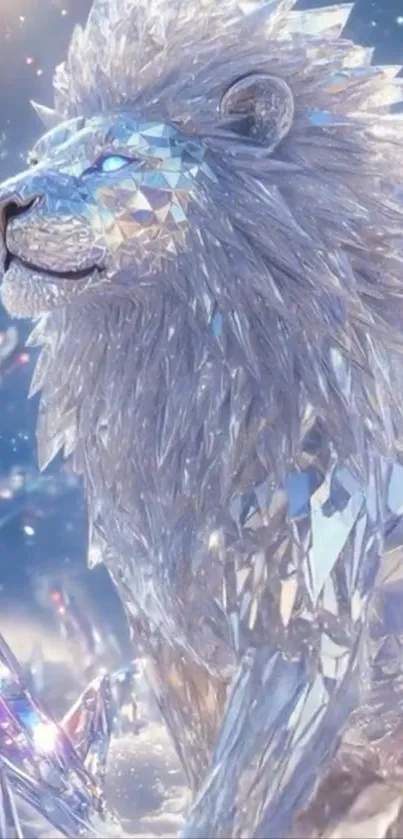 Majestic crystal lion in icy landscape mobile wallpaper.