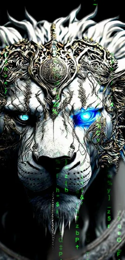 Majestic cyber lion with glowing blue eyes and digital effects.