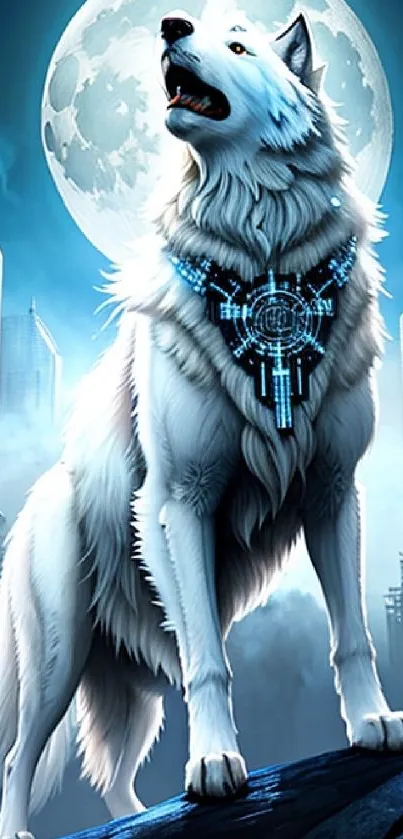 A cybernetic wolf howling in a futuristic cityscape under the moonlight.