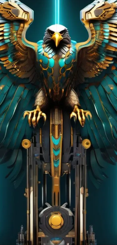 Cybernetic eagle with teal and gold hues in a neon setting.