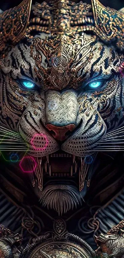 Cybernetic tiger with glowing blue eyes on intricate copper background.