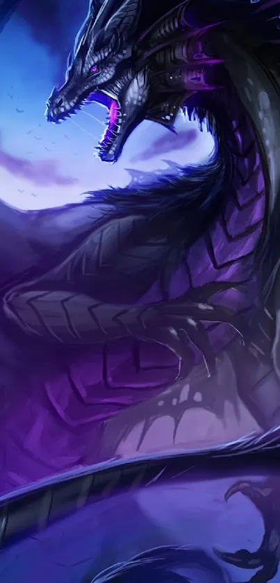 Majestic dark dragon artwork under a moonlit sky.