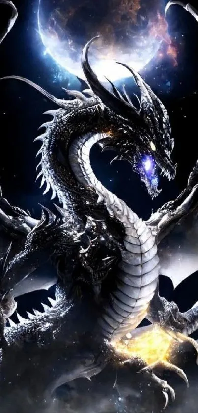 Dynamic artwork of a cosmic dragon in a dark celestial setting.