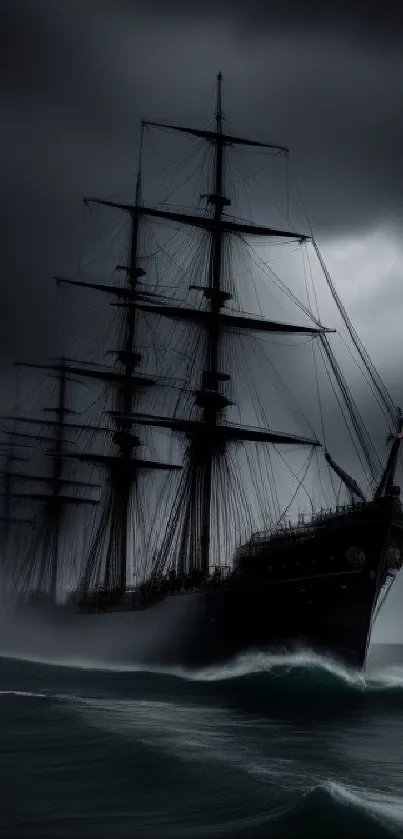 Majestic ship sailing through dark, stormy waters, enhancing mystery.