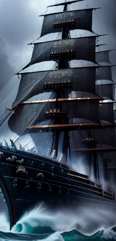 Majestic ship against stormy sky with ocean waves.