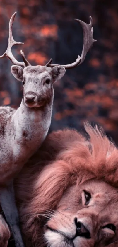 Deer standing beside a lion in a serene forest setting.