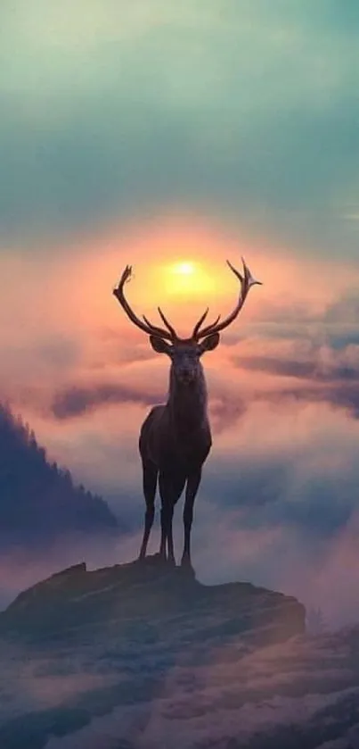 Majestic deer silhouetted against a sunrise with clouds in a serene landscape.