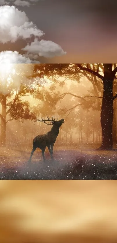 Majestic deer silhouetted against a golden sunset in a tranquil forest scene.