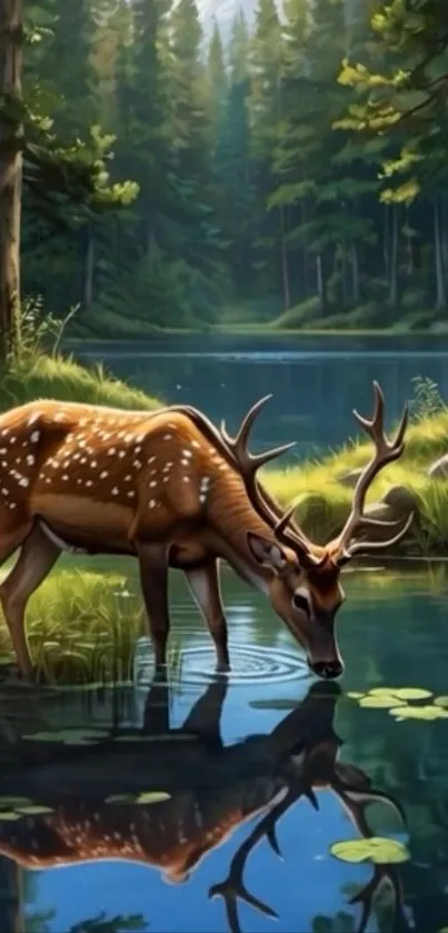 Deer drinking by a serene forest lake.