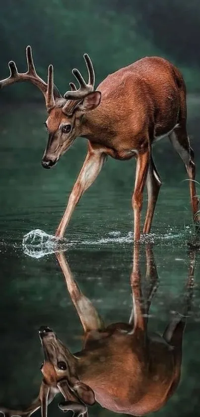 Deer by a calm water surface with reflection in nature.