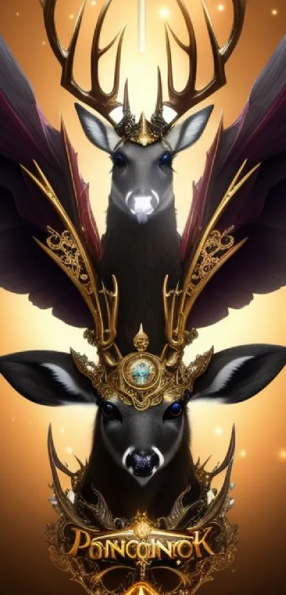 Fantasy deer with golden crown and wings on amber background.