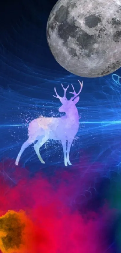 Majestic deer under moon in vibrant cosmic art.