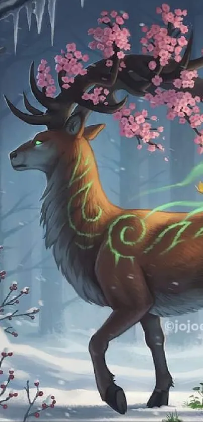 Majestic deer in a vibrant, mystical forest scene wallpaper.