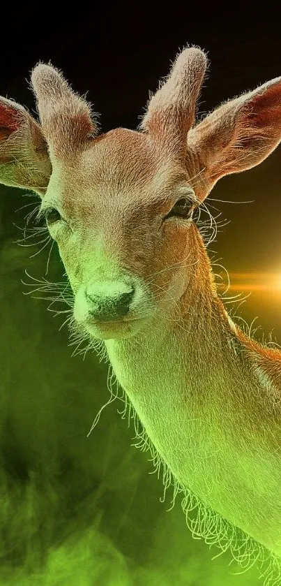 Fantasy deer wallpaper with green mist and glowing sun.