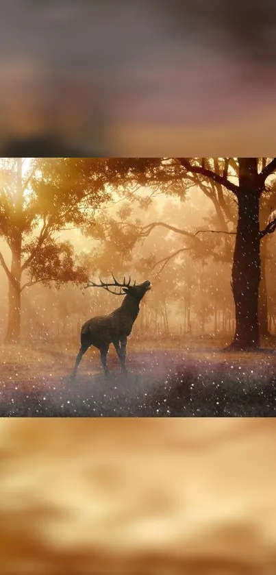 Majestic deer standing in a sunlit forest, surrounded by golden hues.