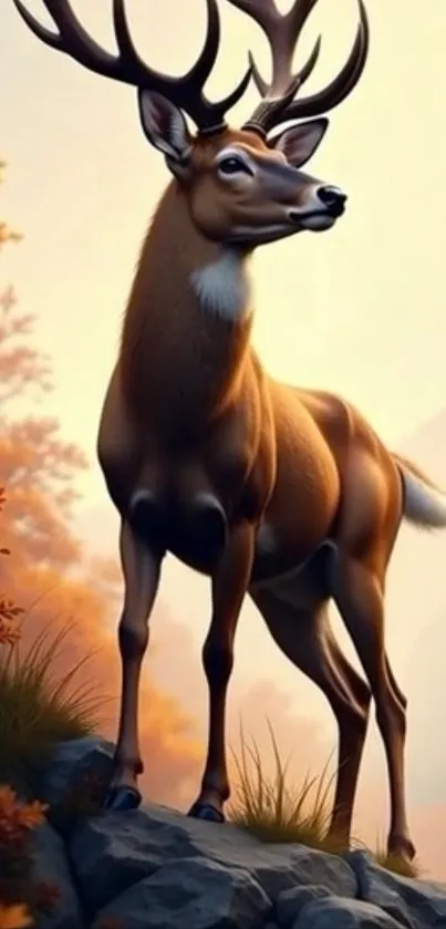 Majestic deer standing in autumn forest with vibrant foliage.