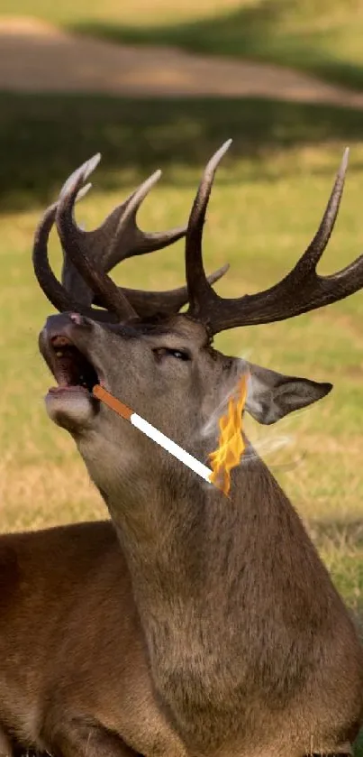 Majestic deer with antlers in an autumn field, showcasing nature's elegance.