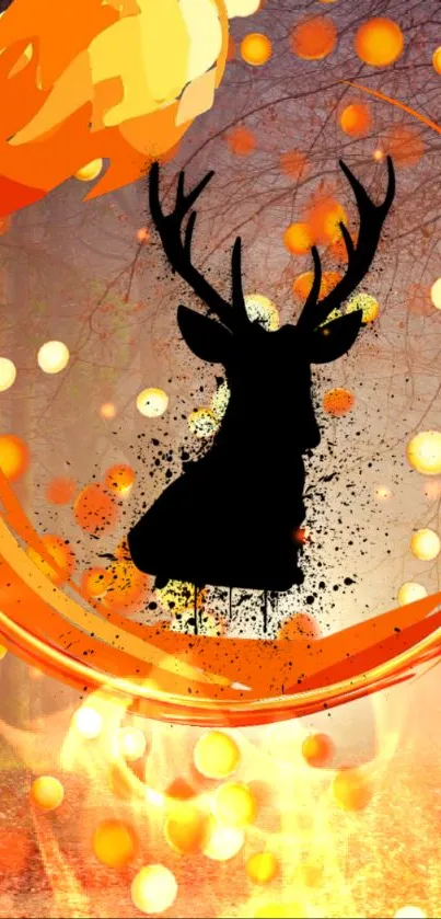 Deer silhouette with orange swirls in autumn-themed wallpaper.