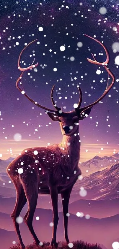 Majestic deer stands under a cosmic starry night sky with a purple and pink hue.