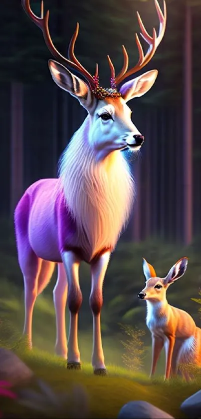 Majestic deer and fawn in an enchanted forest with vibrant colors.