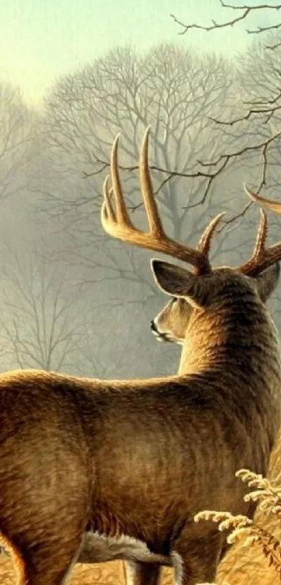 Majestic deer standing in autumn forest with a misty background.