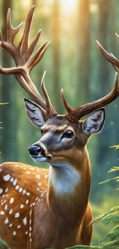 Majestic deer in a sunlit forest with lush foliage.