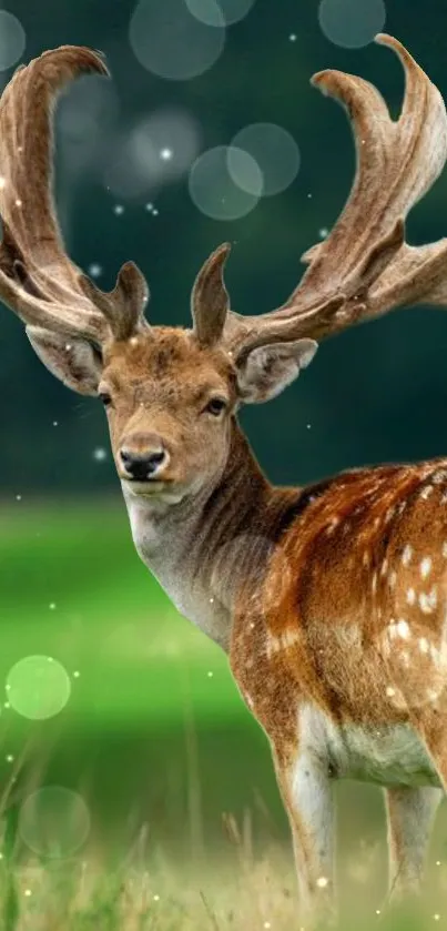 Majestic deer with large antlers in a glowing forest setting.