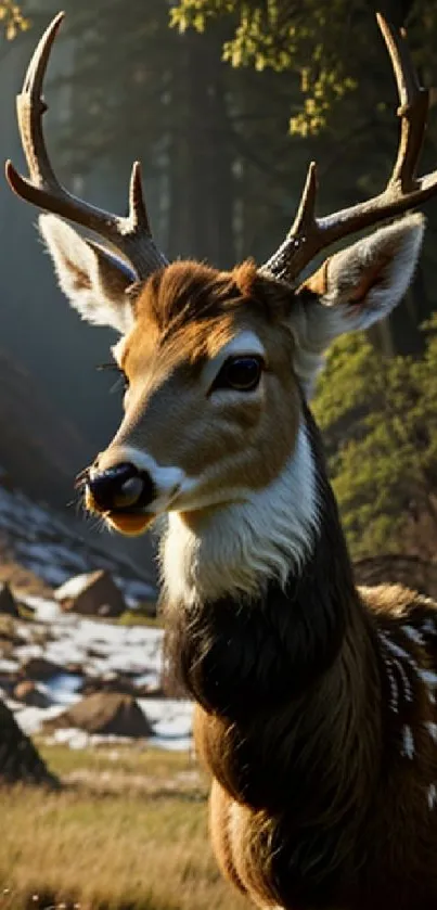 Majestic deer standing in a sunlit forest clearing.