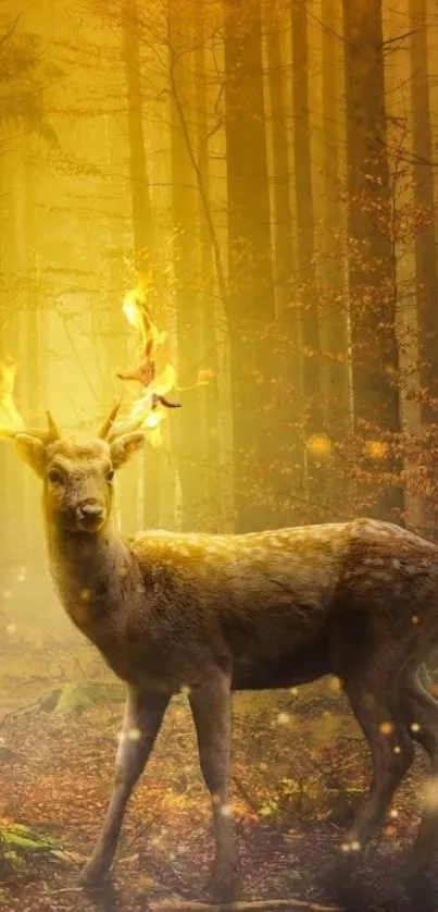 Majestic deer with glowing antlers in a golden forest wallpaper.