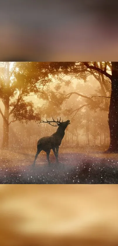 Deer silhouette in a golden forest scene as mobile wallpaper.