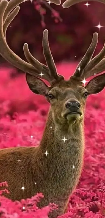 Majestic deer surrounded by vibrant pink foliage.