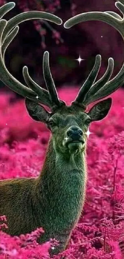 Majestic deer standing in a lush pink forest with vibrant foliage.