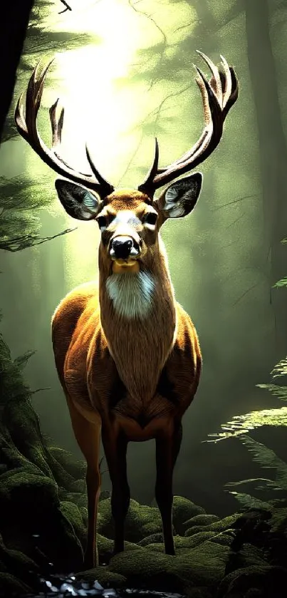 Majestic deer standing in a sunlit forest scene.