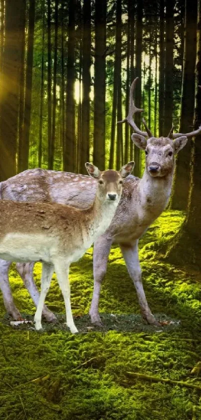 Deer standing in a sunlit forest clearing, surrounded by tall trees.