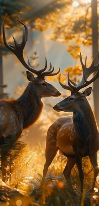 Two majestic deer in a sunlit forest setting.