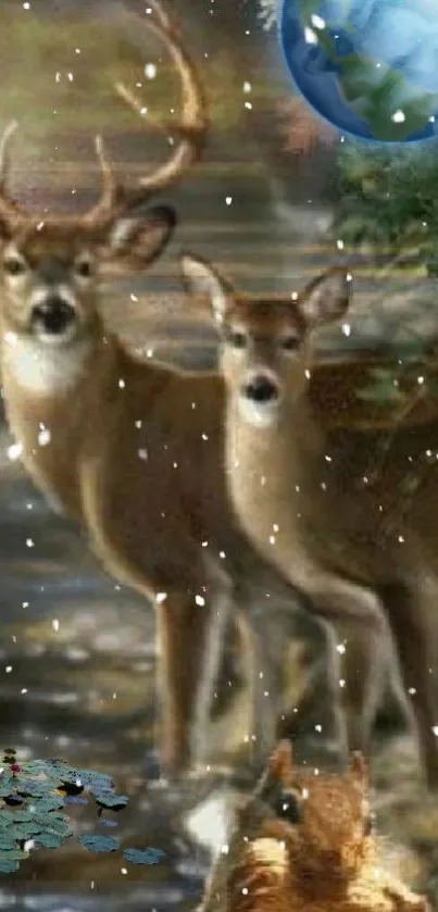 Two deer standing in a snowy winter forest.