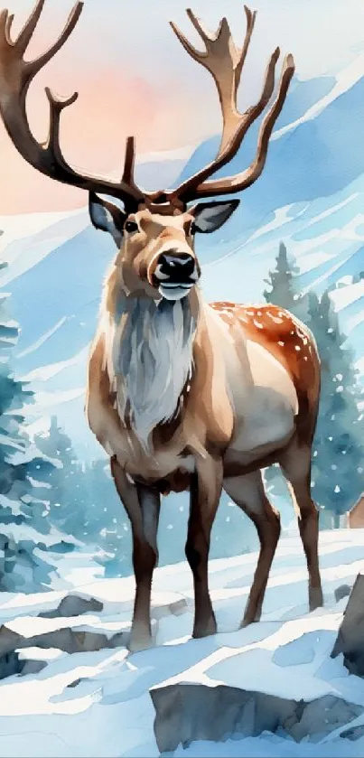 Illustration of a deer in a snowy winter landscape with mountains and trees.