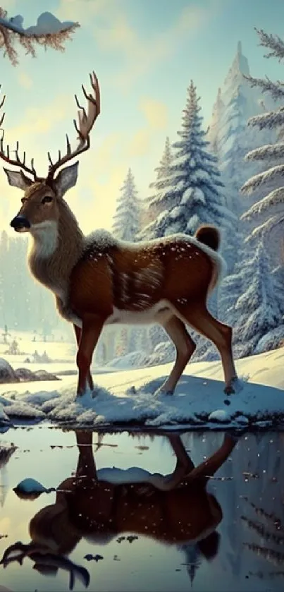 Majestic deer stands in snowy winter forest, reflecting in a stream.