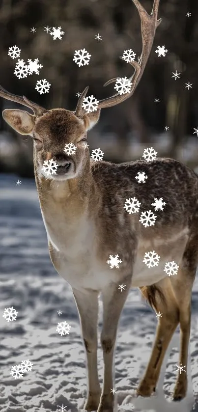 Majestic deer with antlers standing in snowy landscape with falling snowflakes.