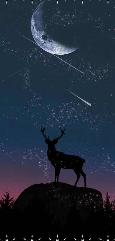 Silhouette of a deer under a starry sky and crescent moon.