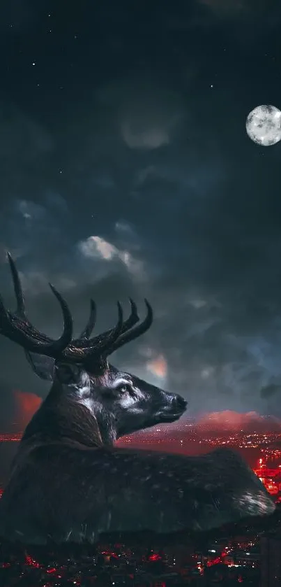 Majestic deer overlooking a moonlit cityscape under the night sky.