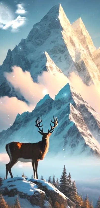 Majestic deer on mountain with snow and moonlit sky.