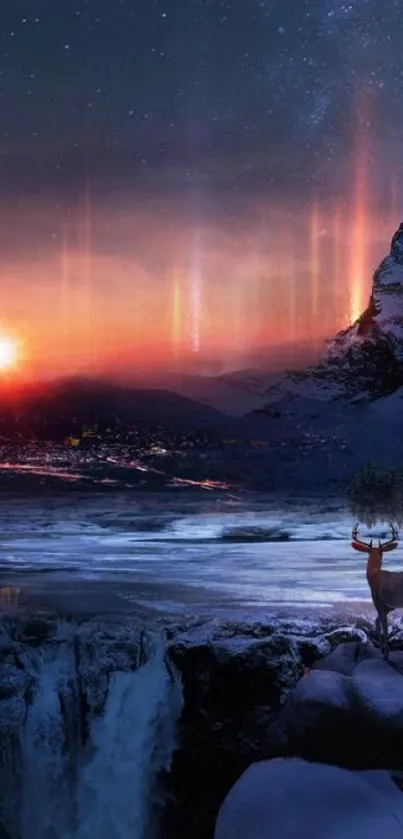 Deer on mountain at sunset with indigo sky and glowing horizon.