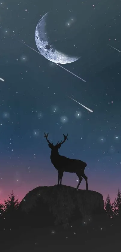 Silhouette of deer under a night sky with a crescent moon and stars.