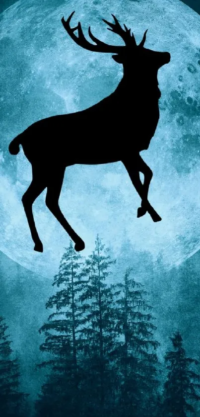 Silhouette of deer against a full moon in a forest scene.