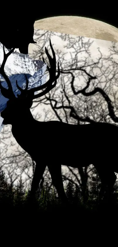 Majestic deer silhouette against moonlit forest.